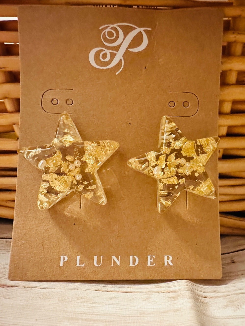 Plunder Clear Star Earrings with Gold Flakes/pearls*Brand New*